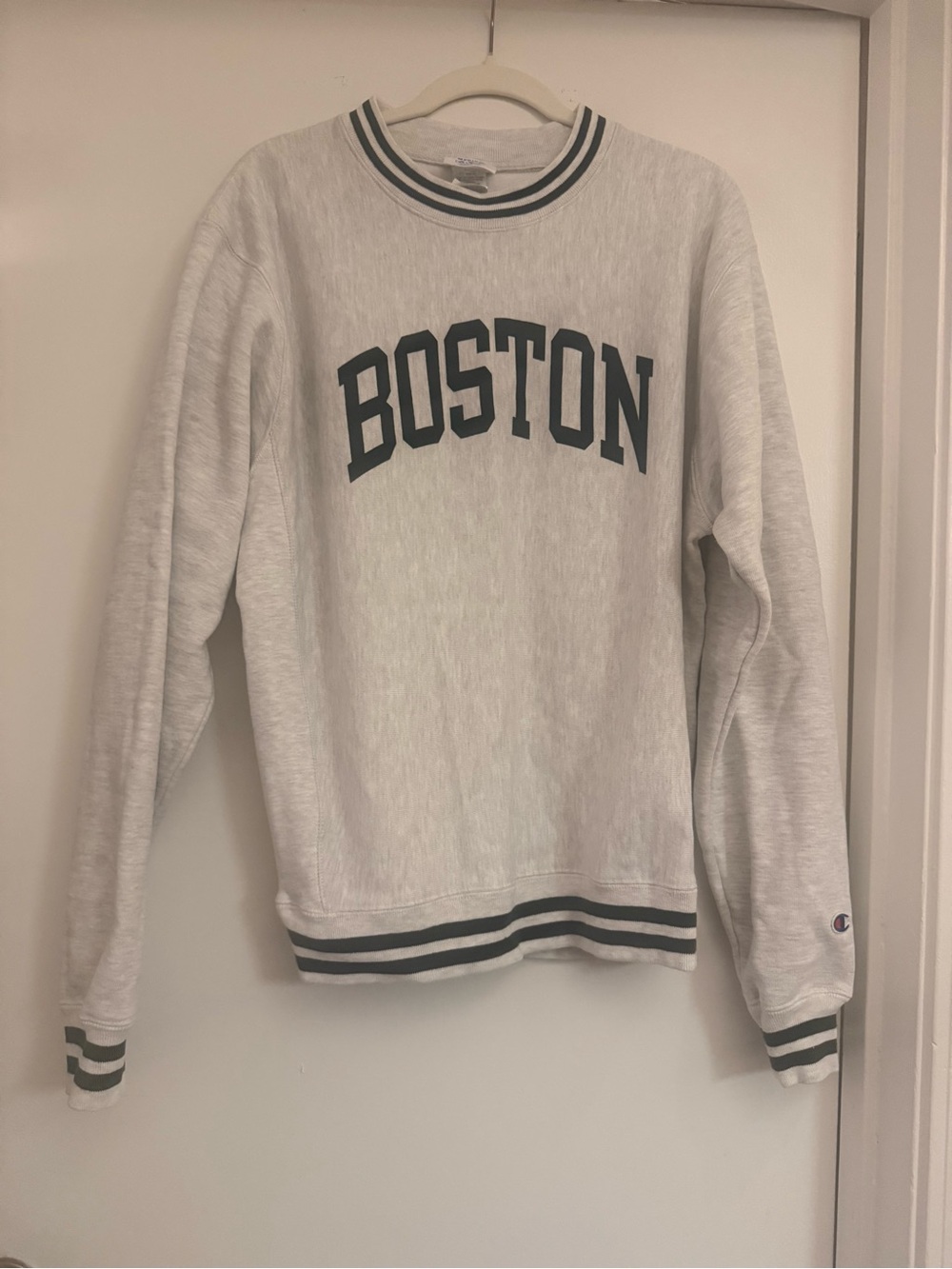 Champion Boston Crewneck Sweatshirt - Light Gray with Dark Green